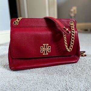 Tory Burch Burgundy Leather Shoulder Bag with Gold Chain